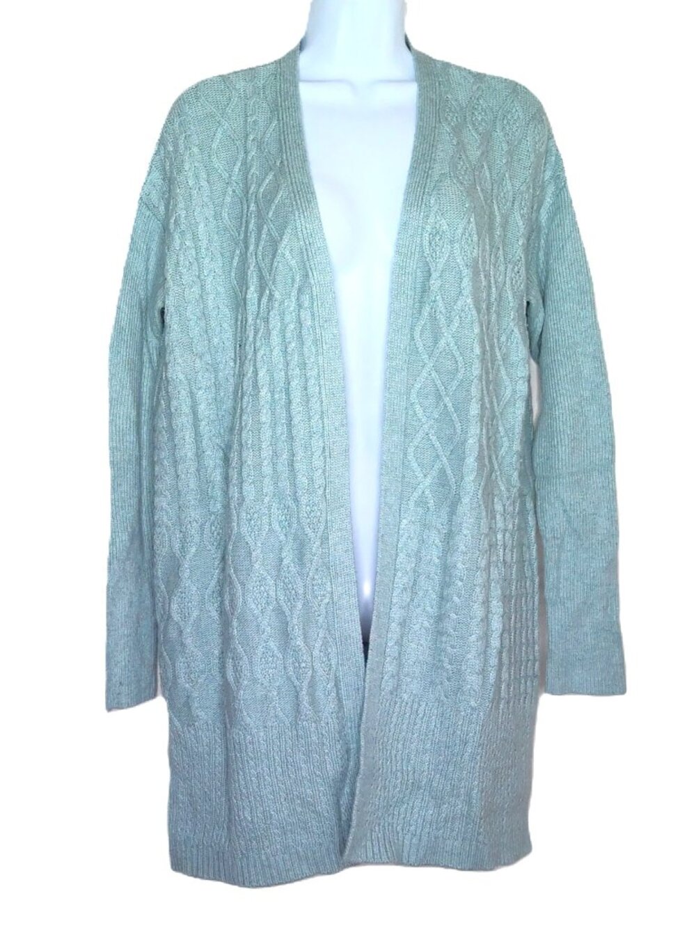 Chico’s Open Front Cardigan Sweater Dusty Blue Cable Knit EUC Chico’s Sz 1  Sz M